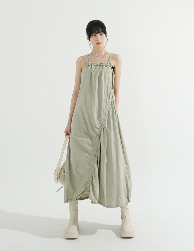 String Shirring Balloon Long Dress