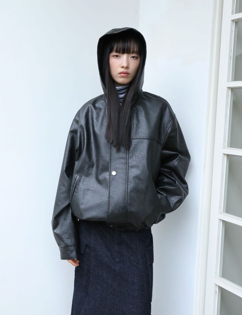 VEGAN LEATHER HOODED JACKET(BLACK)
