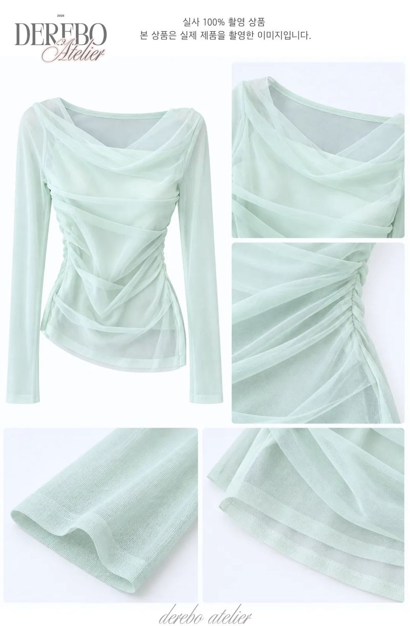 Mint chiffon mesh shirring long-sleeve tee