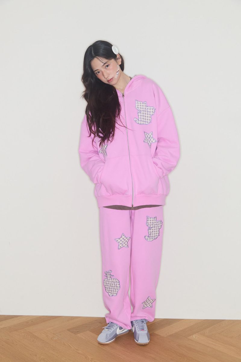 KIRING CHECK PATCH SWEAT PANTS (CHERRY PINK)
