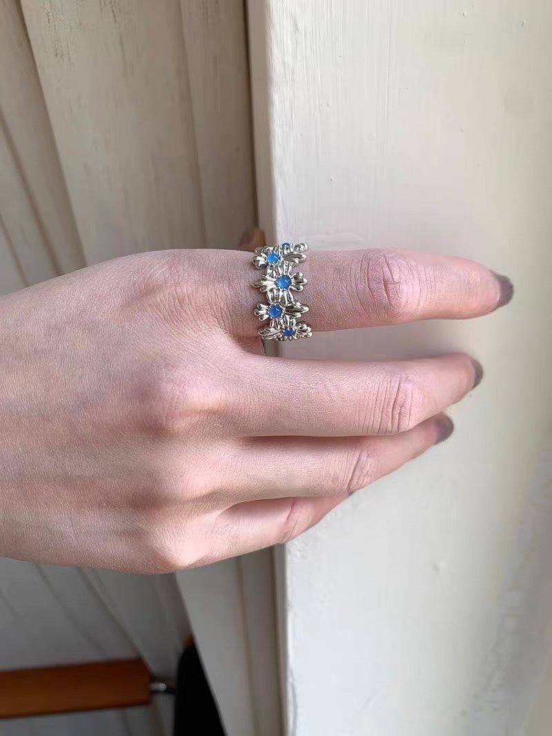 Blue flower silver open ring