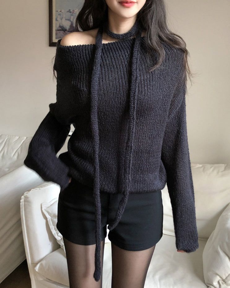 Vine Strap Off-Shoulder Two-Way Knit Scarf Set