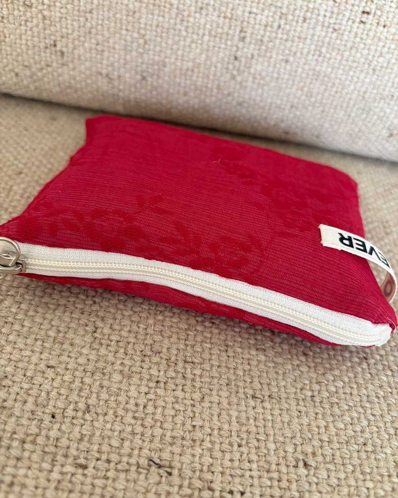 Linen floral flat pouch - red , M size