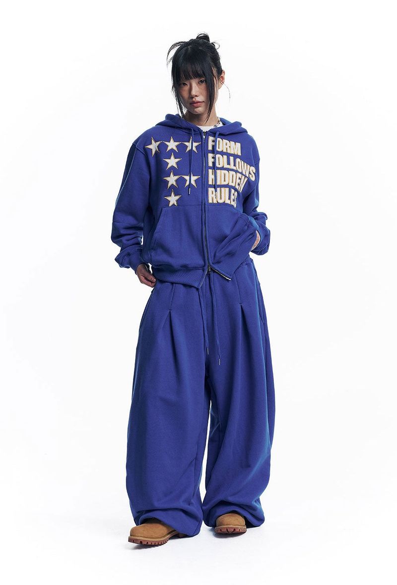 Star Lettering Patch Hoodie Zip-Up - Blue
