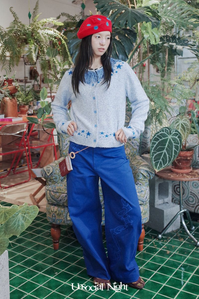 UnsocalNight2025 Original Literary Retro Autumn and Winter プリントブルーストレートマシェパンツ