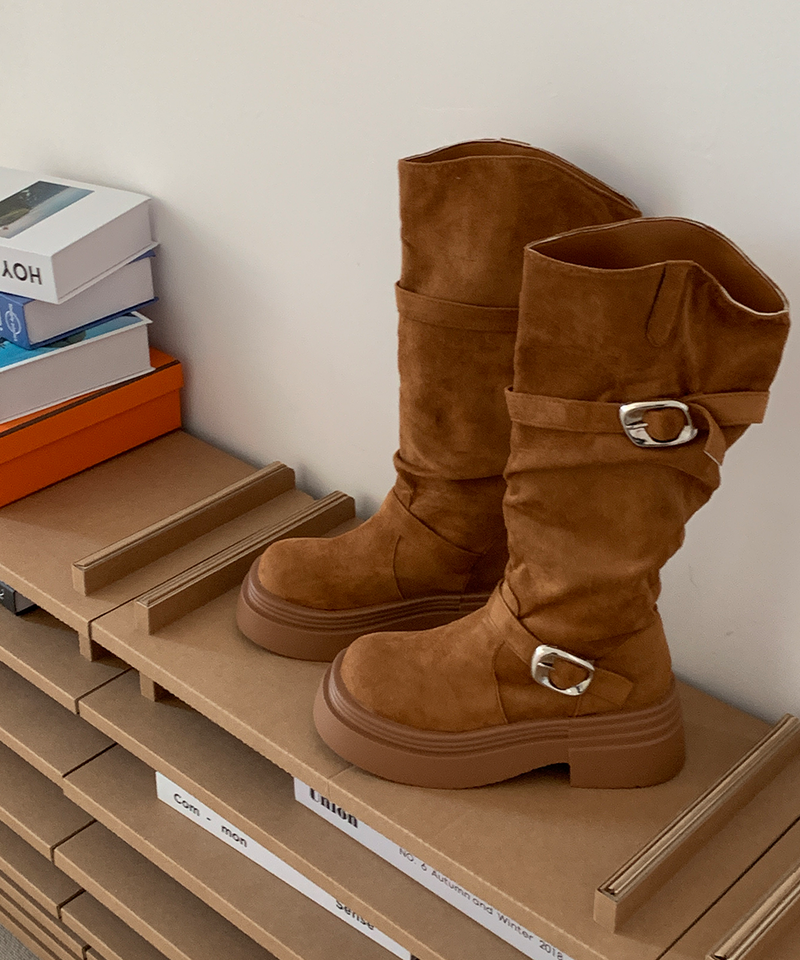 line suede buckle slouch long bootS