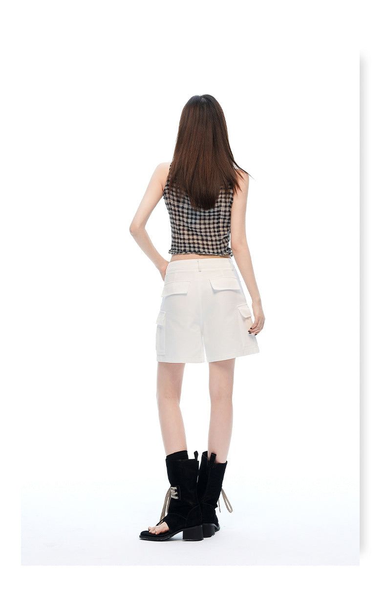 Mid Rise White Cargo Wide Leg Bermuda Shorts