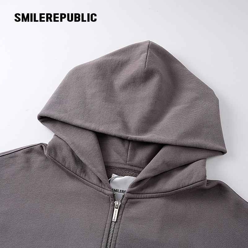 Gray Washed Cotton Distressed Full Zip Hoodie with Tonal Logo and Raw Edge Pockets