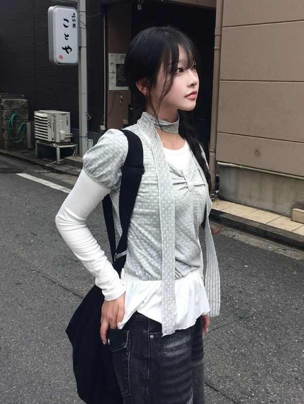 [3-piece Scarf set] ビューレン ドット レイヤード ボタン シャーリング ロングスリーブ Tシャツ