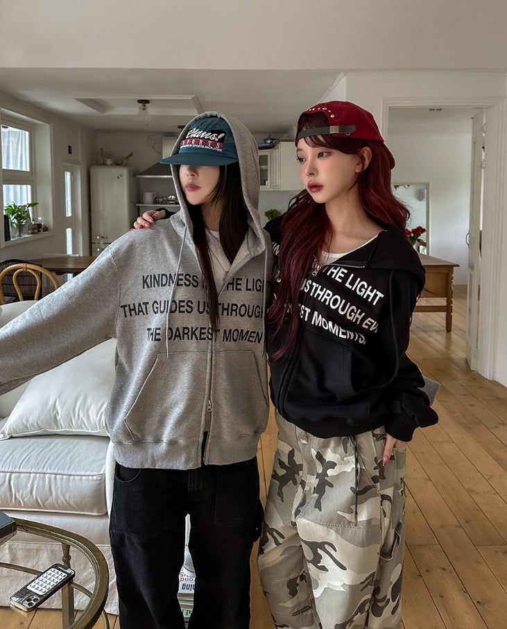 Moments Lettering Semi Crop Hood Zip-Up