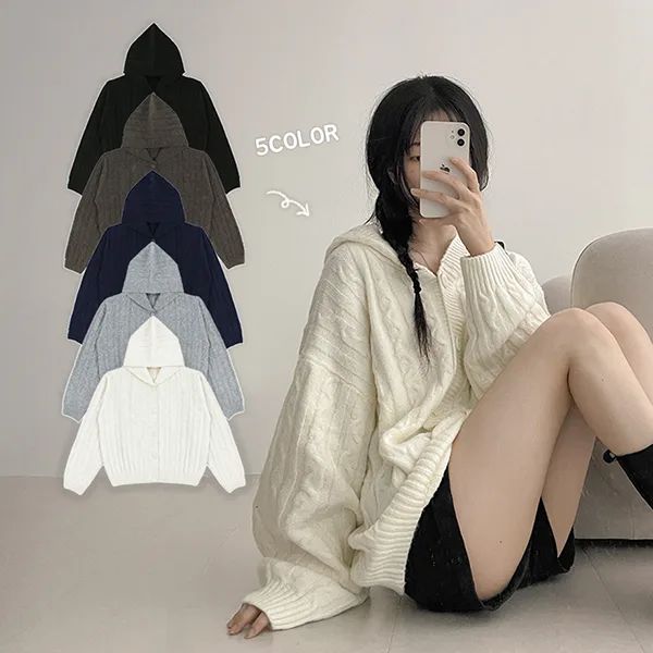 Avant-fit🤍 Wool cable-knit button-up hoodie cardigan (5 colors)