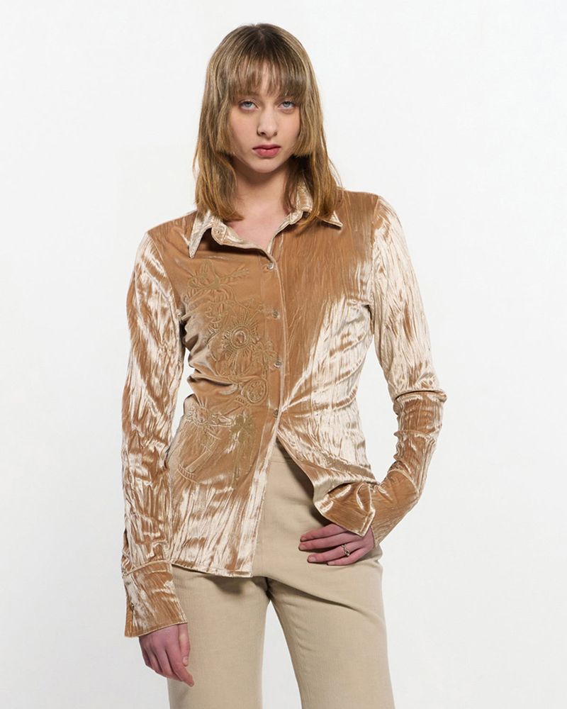 Embroidered Velvet Slim Shirt _ BEIGE