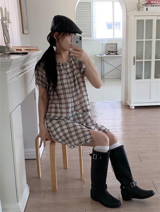 SAGE CHECK FRILL DRESS (2C)