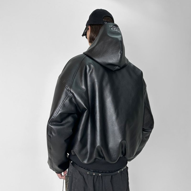 HOODED ARTIFICIAL LEATHER BOMBER JACKET