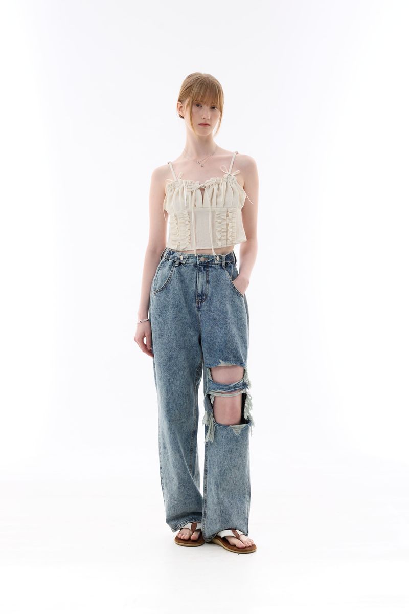 CHARMING DAMAGE WIDE DENIM PANTS