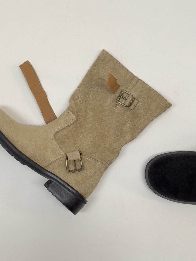 Fawn Suede Two-Buckle Half Boots