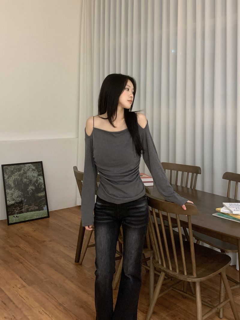 Jenn Muse Off-Shoulder Strap Drape Long Sleeve Top