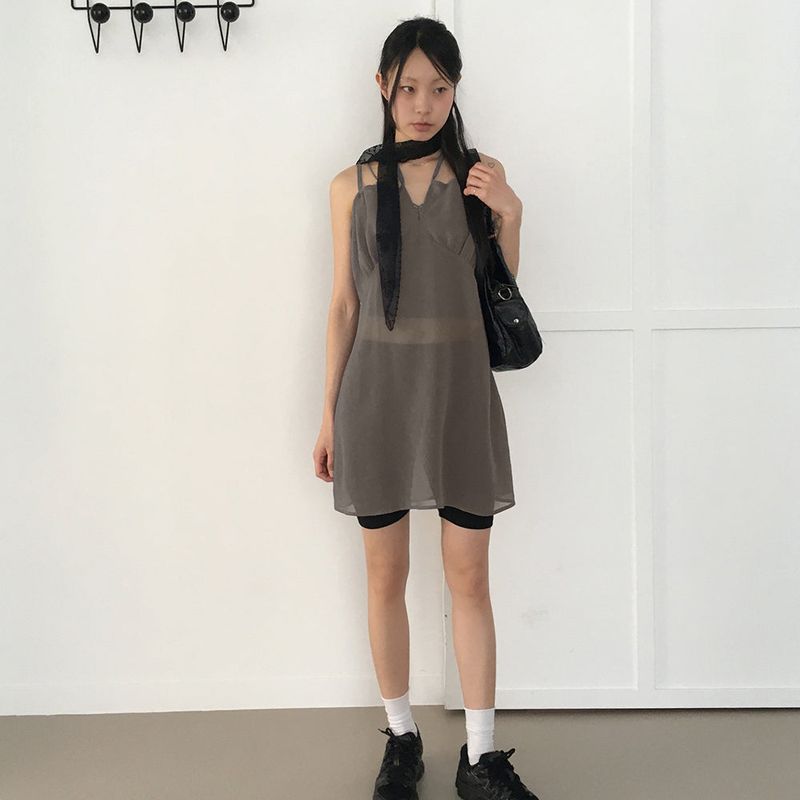 Haple see-through slit ribbon strap layered tank top mini dress