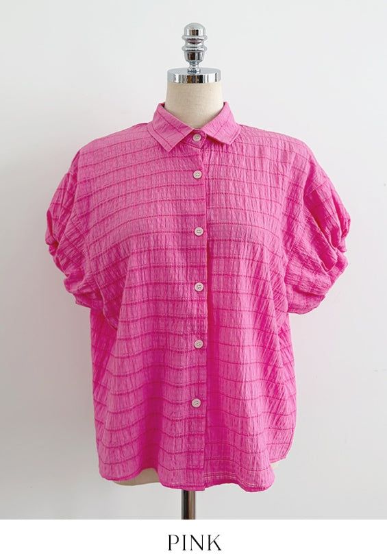 Kusha Collar Balloon Sleeves Seersucker Blouse