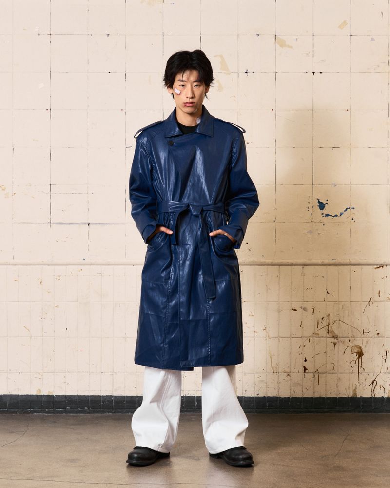 Curved Leather Trench coat (Blue)