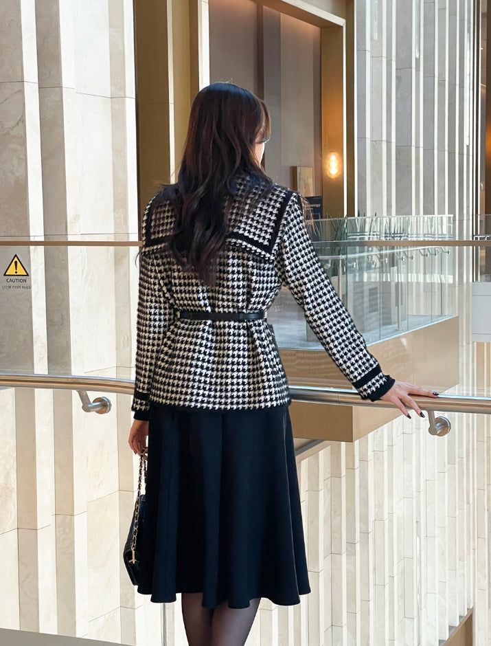 Marron Sailor Collar Hound Check Knit Jacket Cardigan