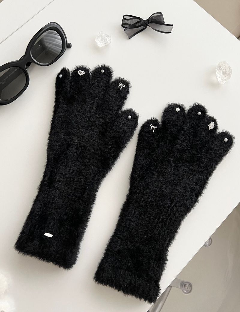 RGO Ballet Core Ribbon Jewelry Year-end Look Hip Cubic Long Heating Fleece-Lined Fur Mink Black White Brown Beige Gloves (Select 3 Colors)