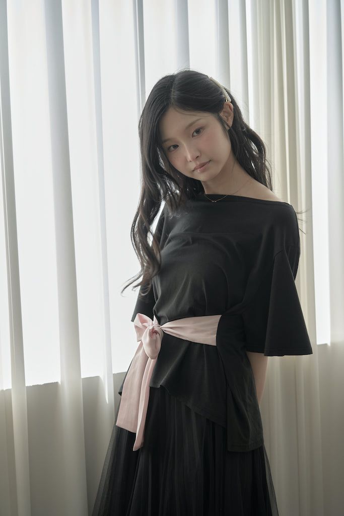 ビッグリボンストラップルーズトップス - black
