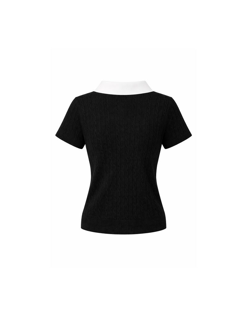 Elodie Pearl Collar Cable Short Sleeve Knit Top Black