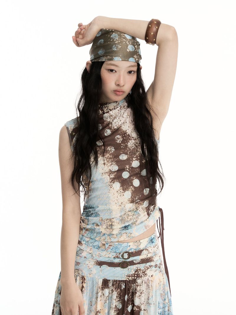 CONFUN original printed pattern half-necklace metal-hook drawstring sleeveless top