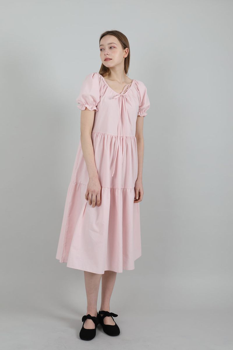 Romantic Shirring Long Onepiece Pink
