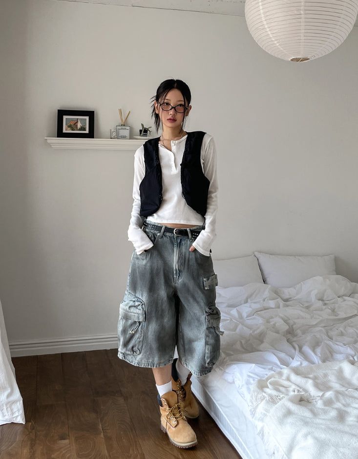 Burn dirty washing utility pocket bermuda pants
