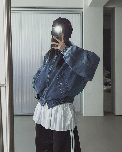 Kanto incision denim two-way quilted flight jumper