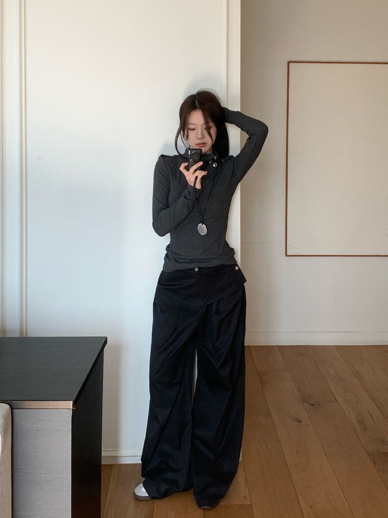 Close Pintuck Wrap Two Button High Waist Long Wide Pants