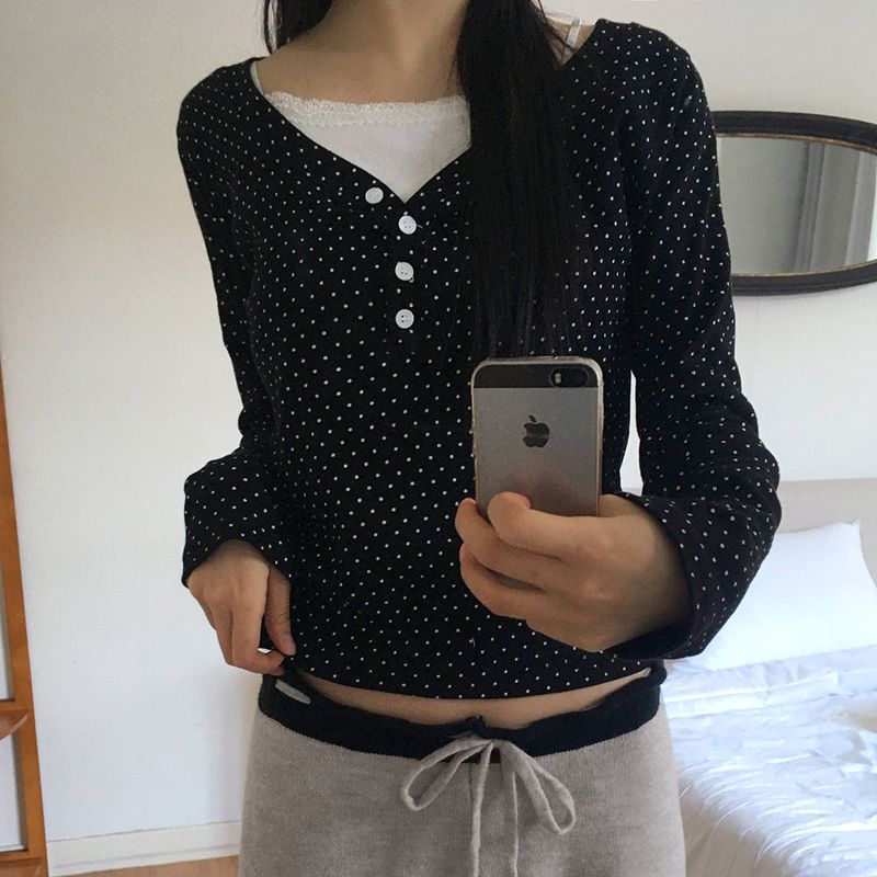 ソヤドットハーフボタンVネック長袖Tシャツ