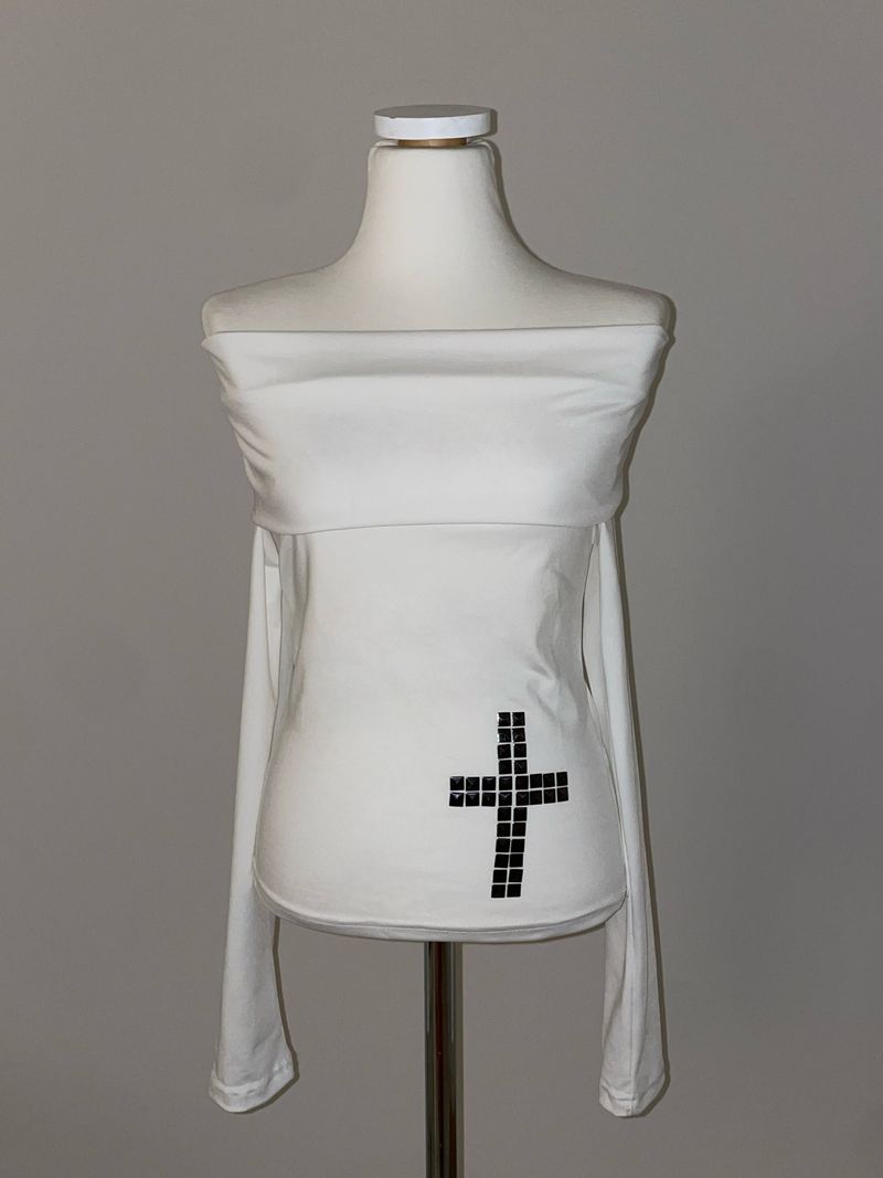 Crystal Stud Cross Off-Shoulder T