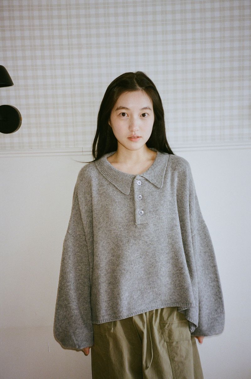 HASTA（ハスタ）の「Soft Collar Cropped Knit (Mist gray)（Tops）」