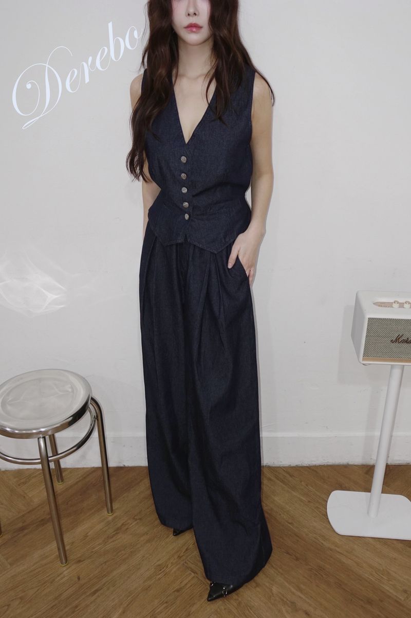 Dark blue denim vest pants two-piece
