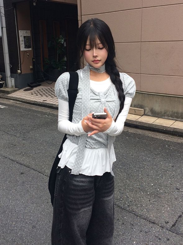 [3-piece Scarf set] ビューレン ドット レイヤード ボタン シャーリング ロングスリーブ Tシャツ