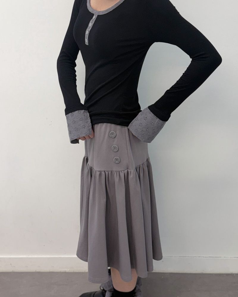 Lace Button Shirring Skirt (light grey)