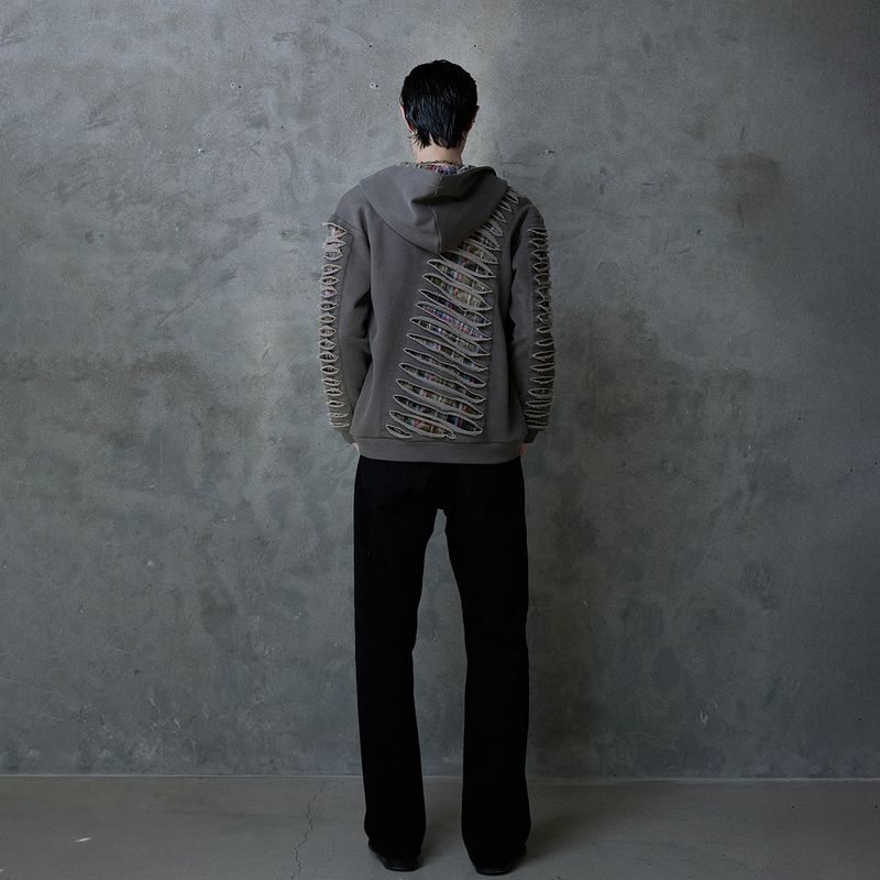 SLASHED CHECK HOODIE: BROWN