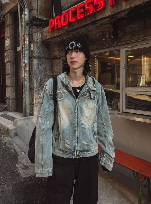 Chris damage hooded denim jacket