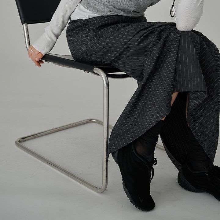 [made/4size] [Soan] Rivet Pintuck Stripe H-Line Slit Long Skirt -3color