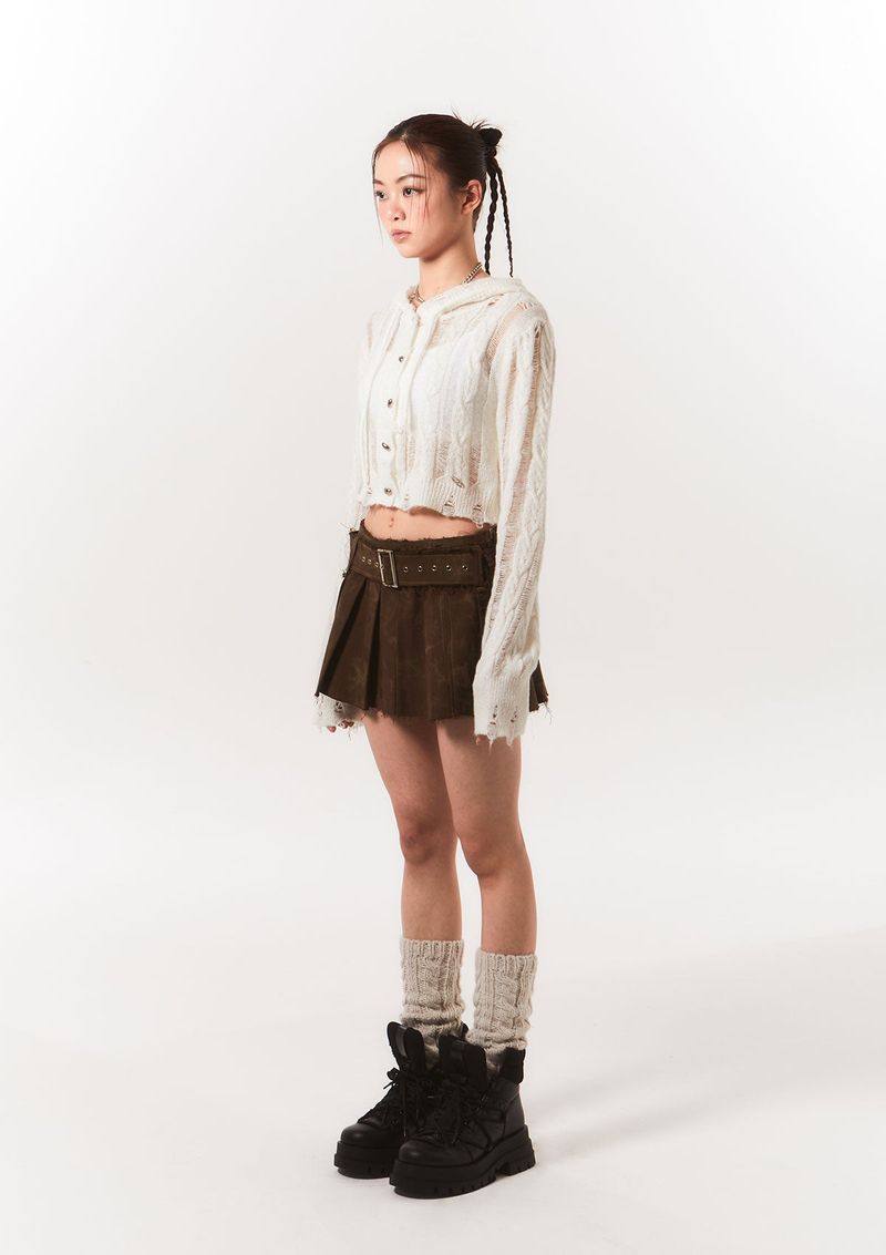 rough belted pleats sk - brown