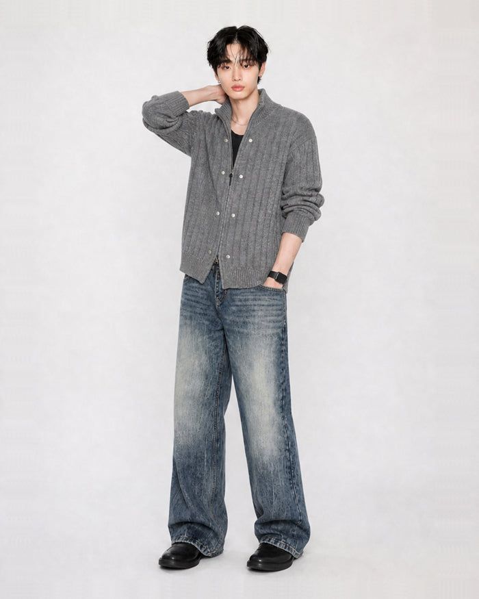 (UNISEX) Rivet Ribbed Knit Zip-Up