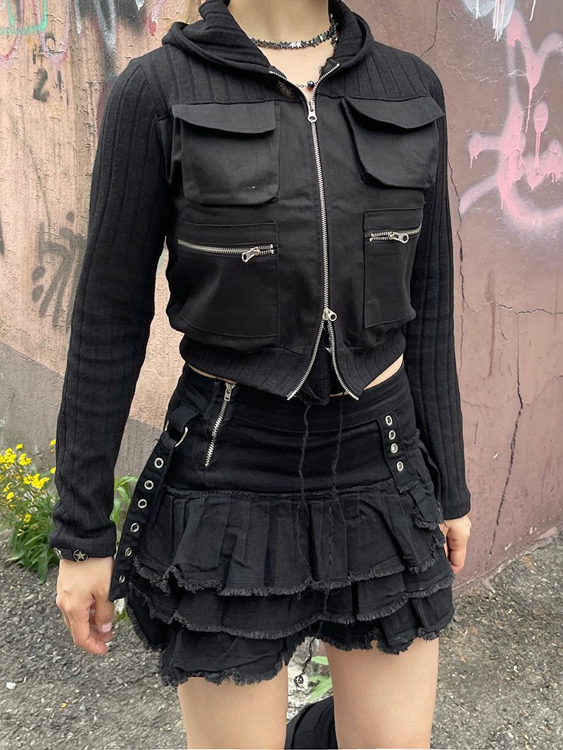 Cropped Two-Way Cargo Hood Zip-Up