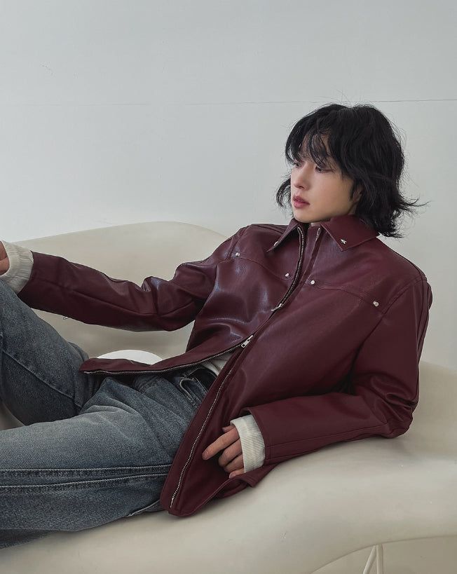 Star stud track line leather jacket