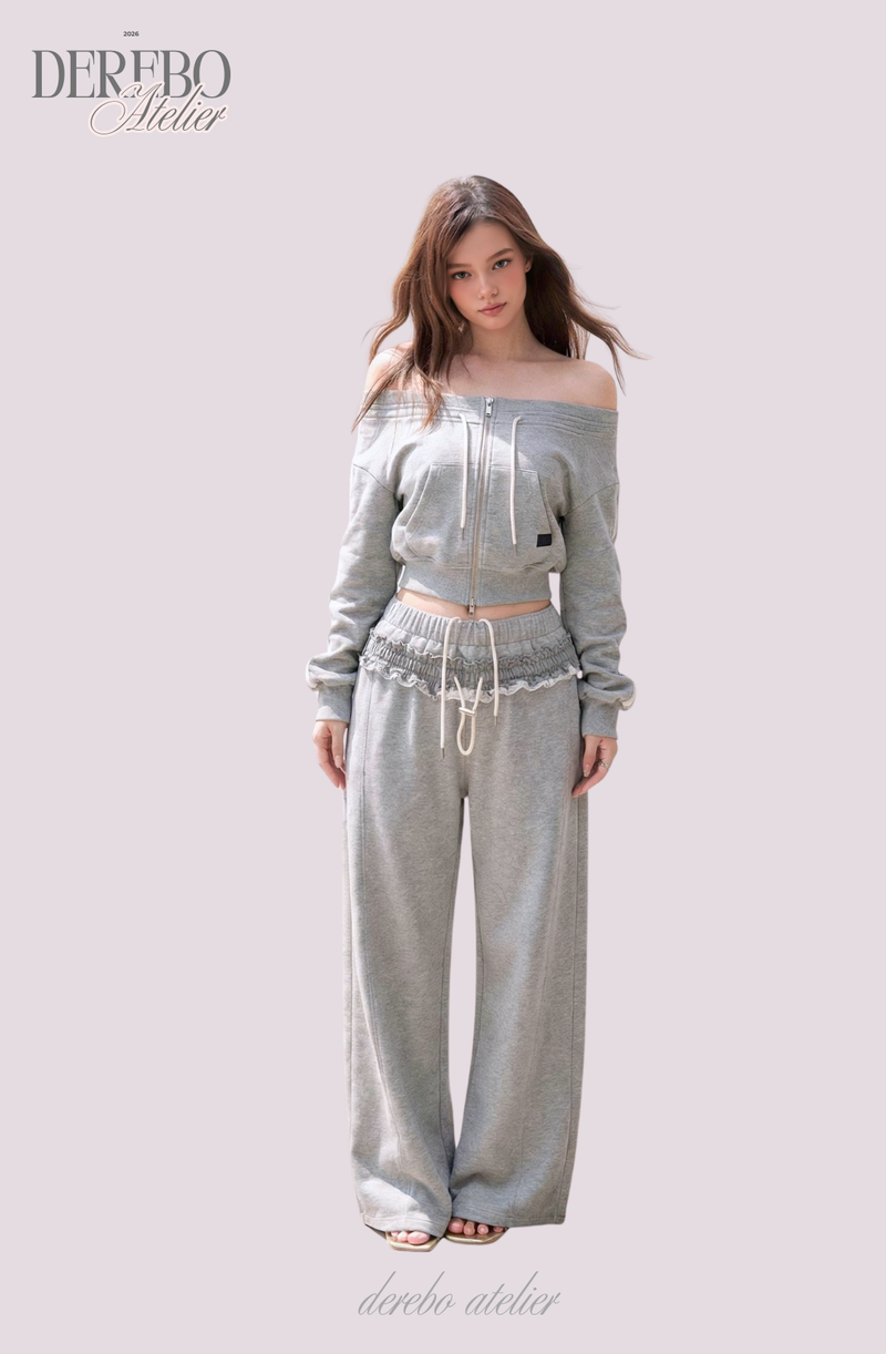 Grey off-shoulder zip-up frill training setup (SET)