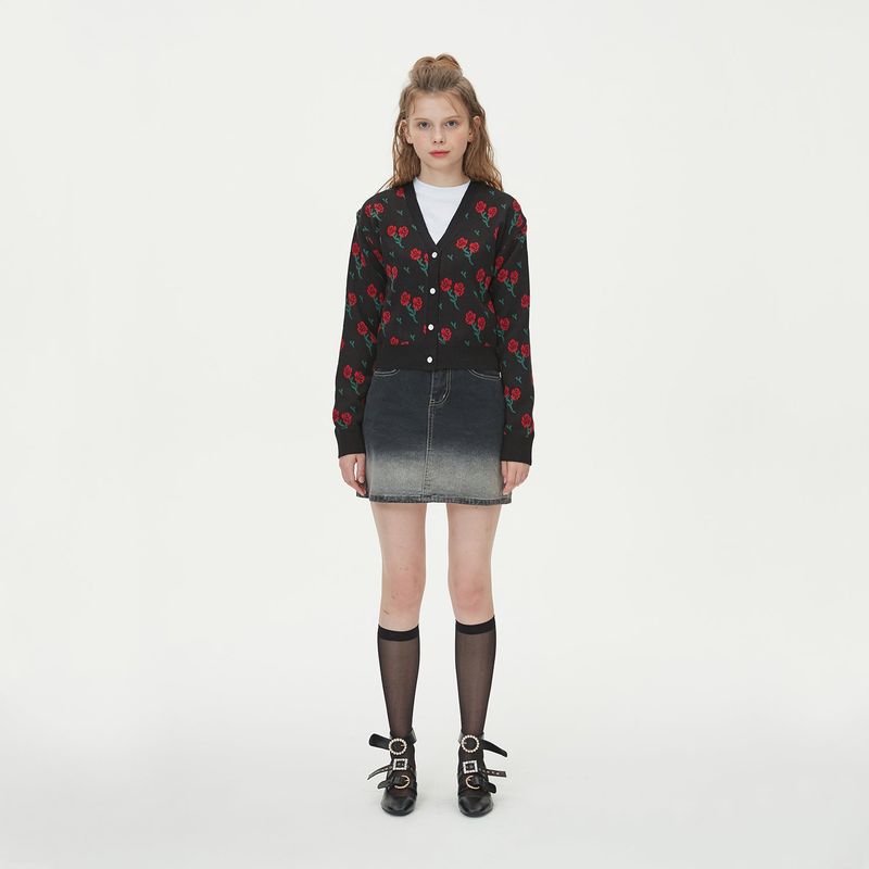 FLOWER JAQUARD KNIT CARDIGAN_BLACK