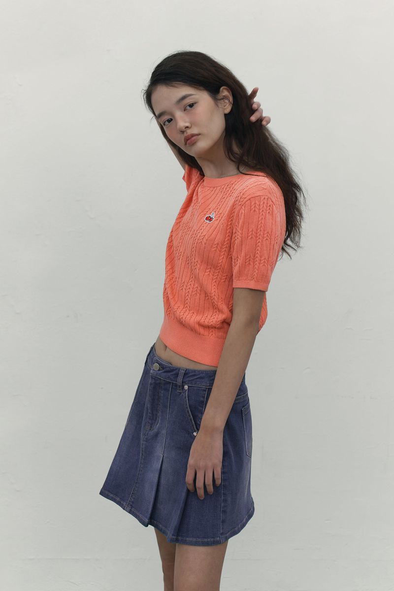 CHERRY DENIM PLEATS MINI SKIRT [BLUE]