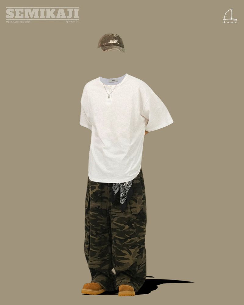 [SEMADE] Short Slub Henley Neck Over Sleeve 슬럽 헨리넥 티셔츠 (반팔)